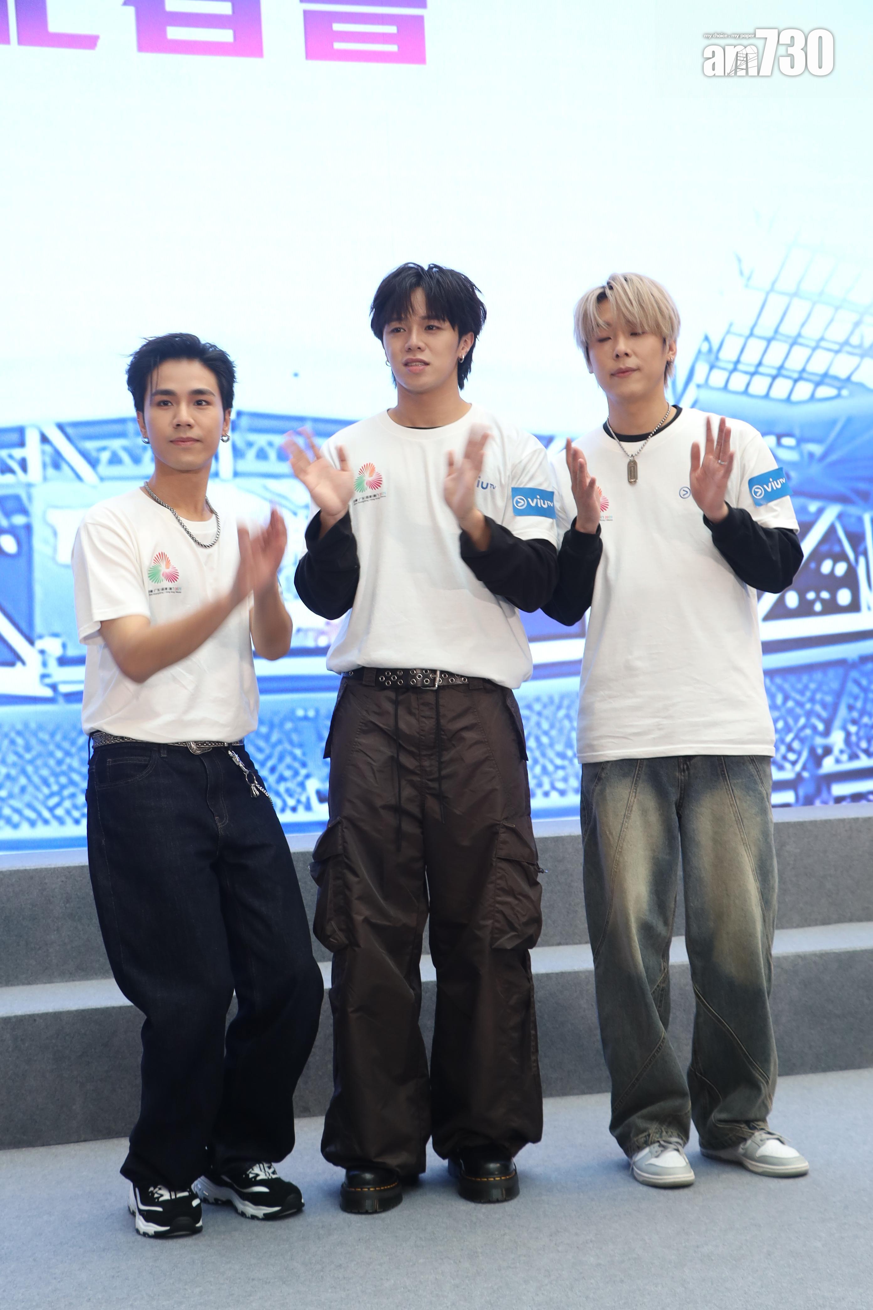 ROVE成員三缺一,Kim、Jason Loi和希晉出席《十五運會》記者會,亨仔因返學缺席。(娛樂組攝)