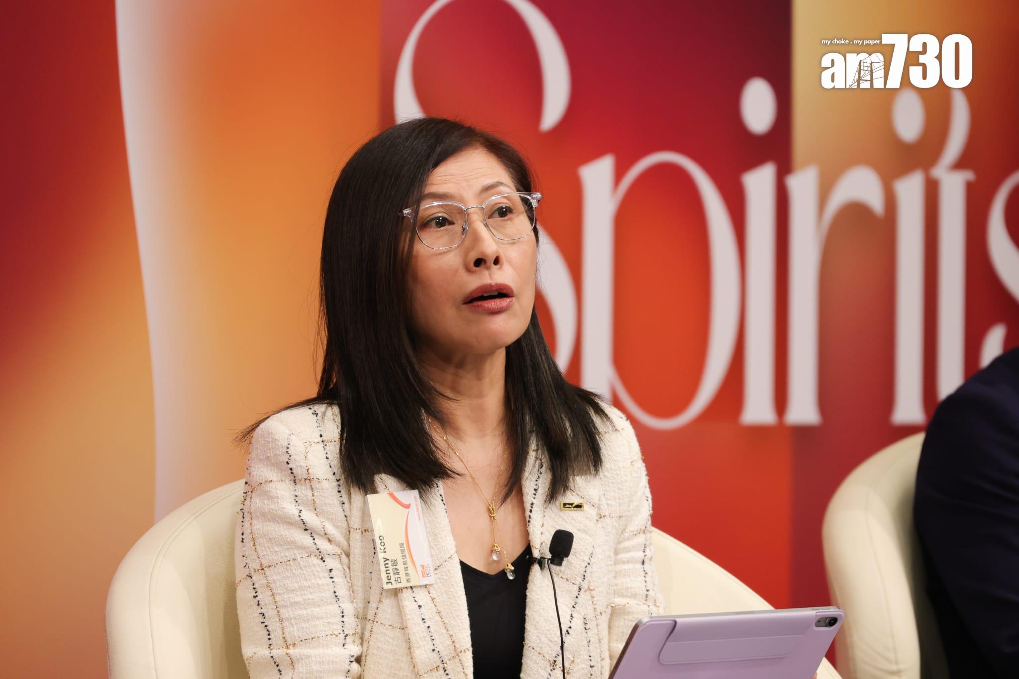 古靜敏表示,行政長官於去年施政報告宣布調高端低烈酒稅,令展會中國白酒的參展商數目錄得明顯升幅。(吳康琦攝)