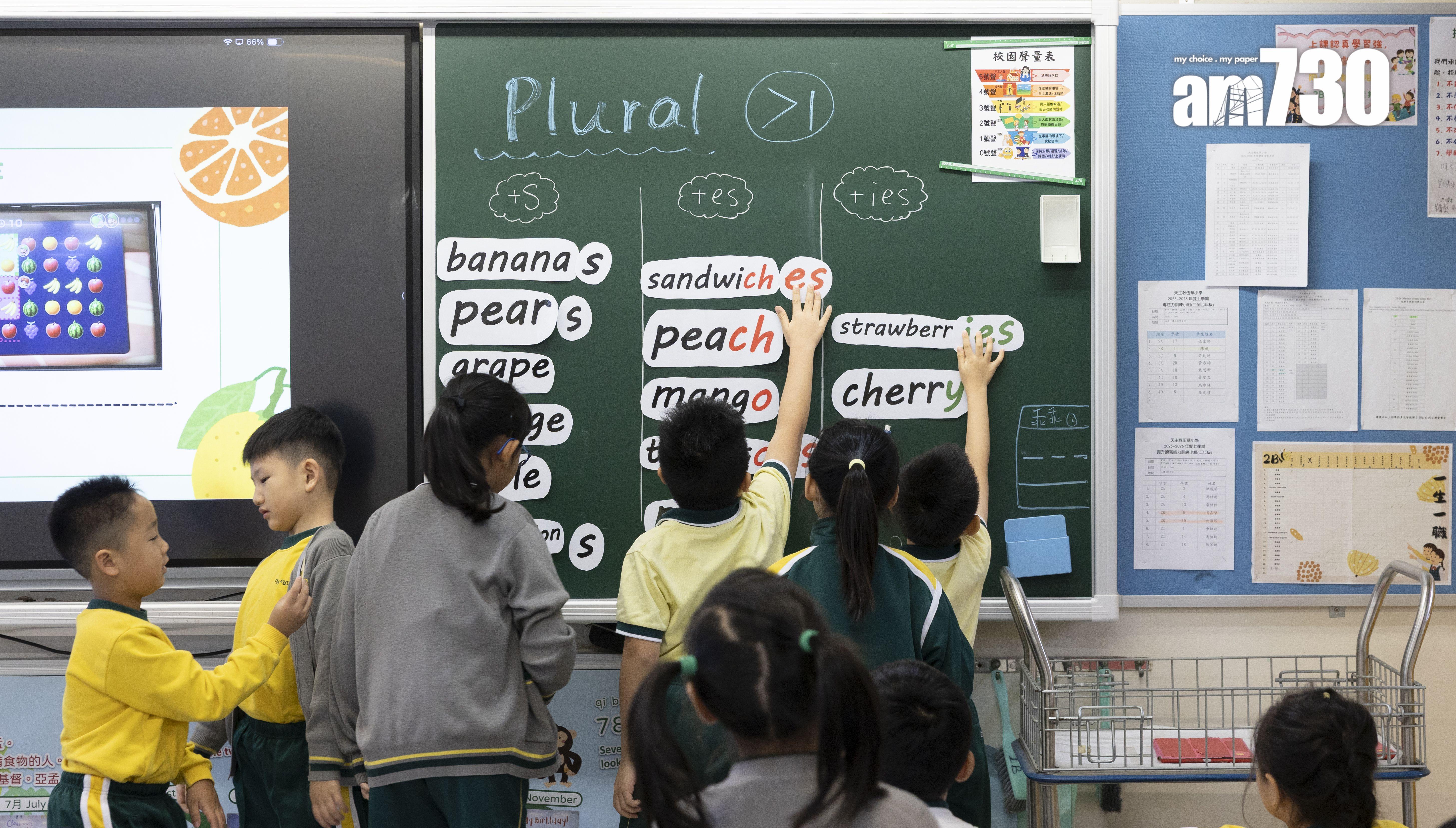 馮校長表示,學生能夠掌握singular和plural概念。(蘇文傑攝)