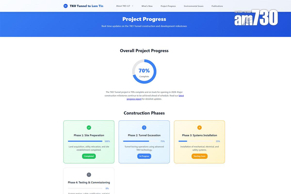政府提到的「TKO Tunnel to Lam Tin」虛假網站,列出將藍隧道預計2028年完工。(虛假網站截圖)