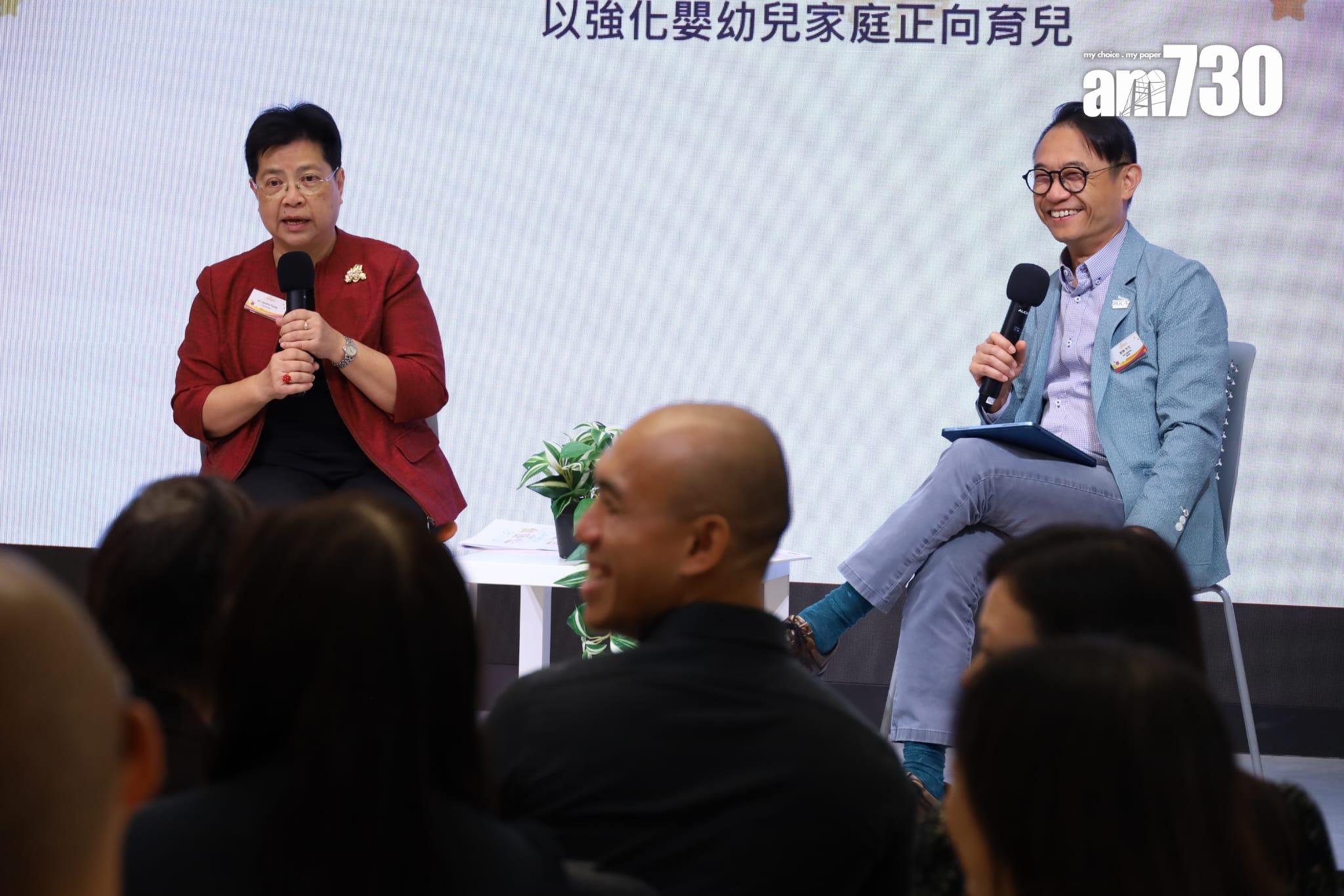 恩童計劃顧問香港大學社會工作及社會行政學系名譽副教授曾潔雯(右)及香港小童群益會總幹事劉翀(左)。(鍾式明攝)