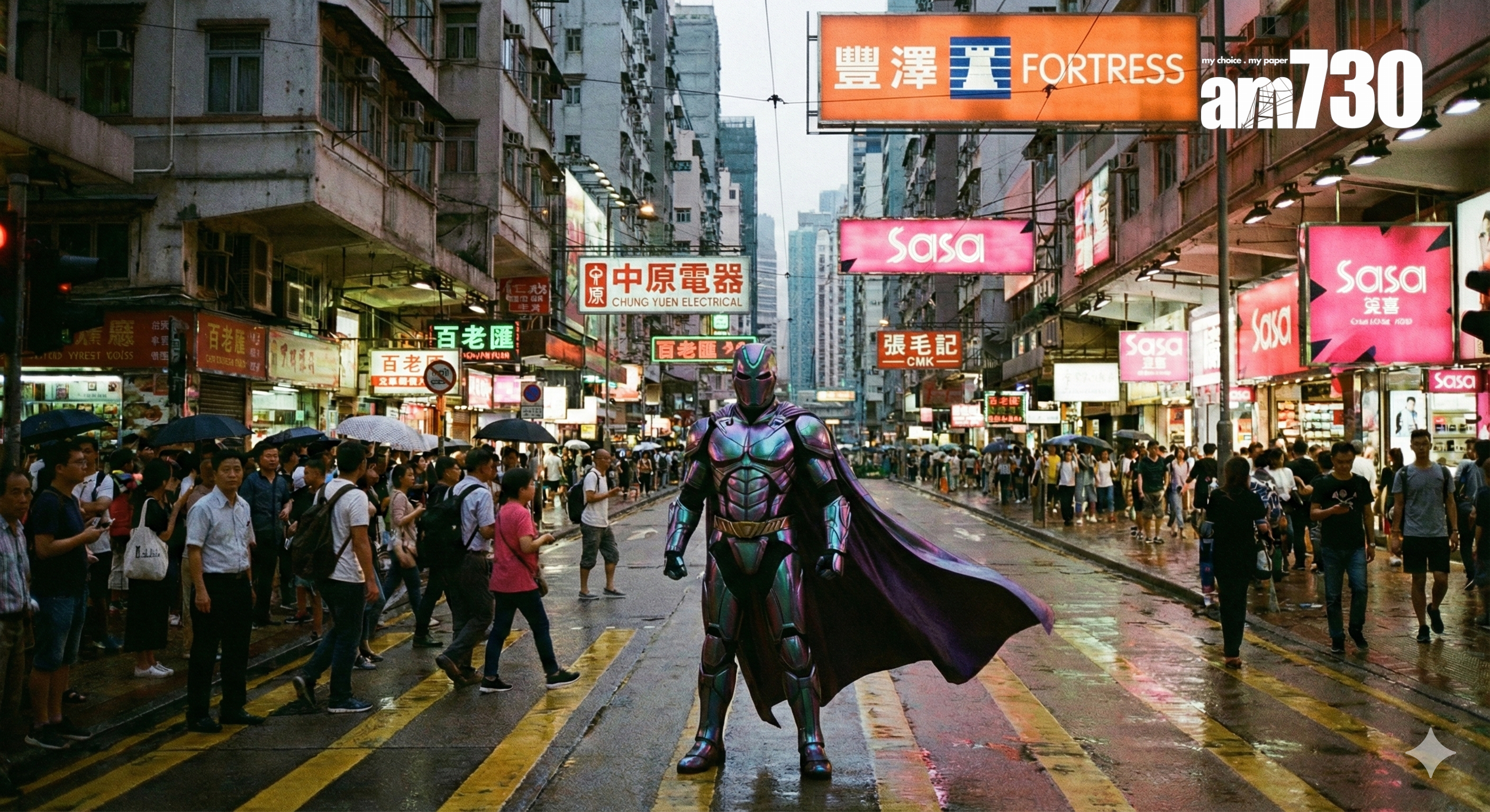 實試Nano Banana Pro生成一張超級英雄在香港街頭的圖片,可見有現實中的招牌,但不知為何有多個「百老匯」出現。