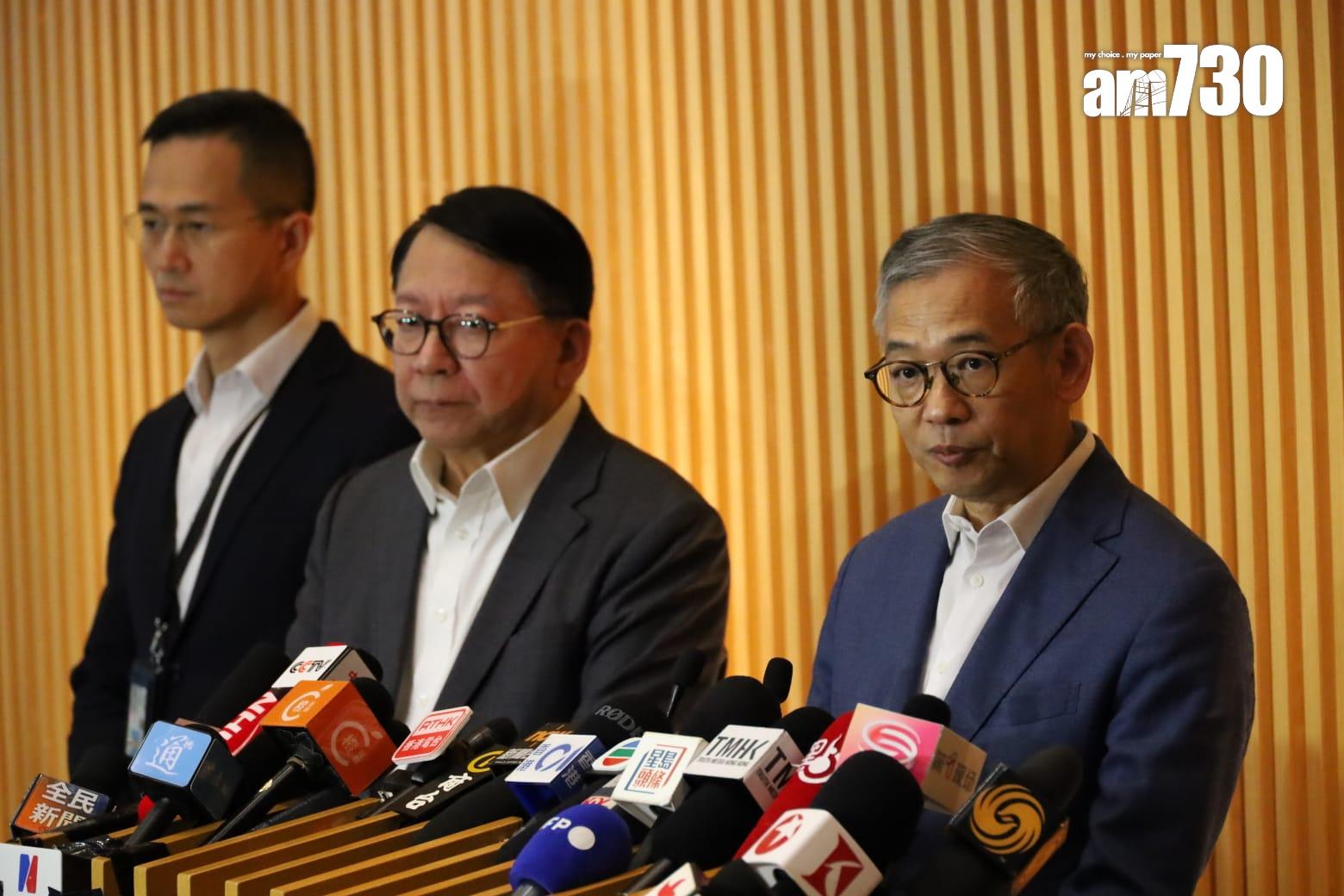 政務司司長陳國基聯同保安局局長鄧炳強等人,就跟進工作會見傳媒。(鍾式明攝)