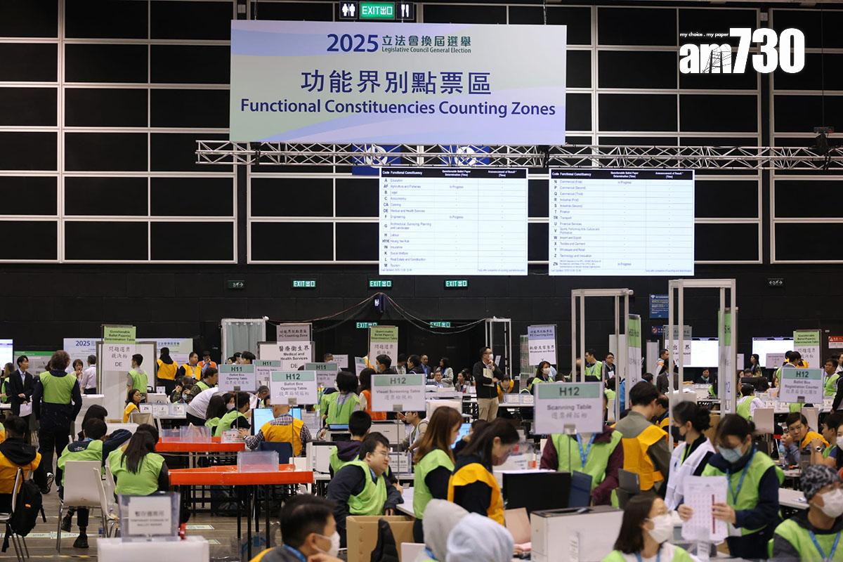 工作人員在立法會換屆選舉中央點票站,持續點算功能界別的選票。(林俊源攝)