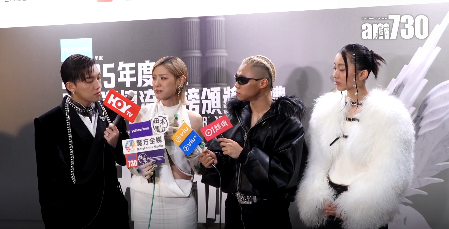 MC張天賦、陳蕾、湯令山、康堤分享揚威叱咤頒獎禮的喜悅。