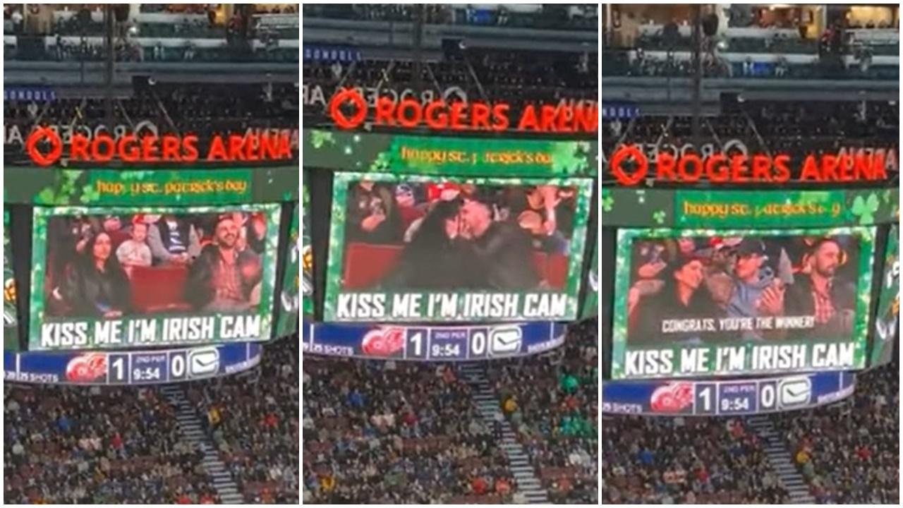 女友獲選球場Kiss Cam贏家，剛回坐男友一頭霧水。(YouTube)