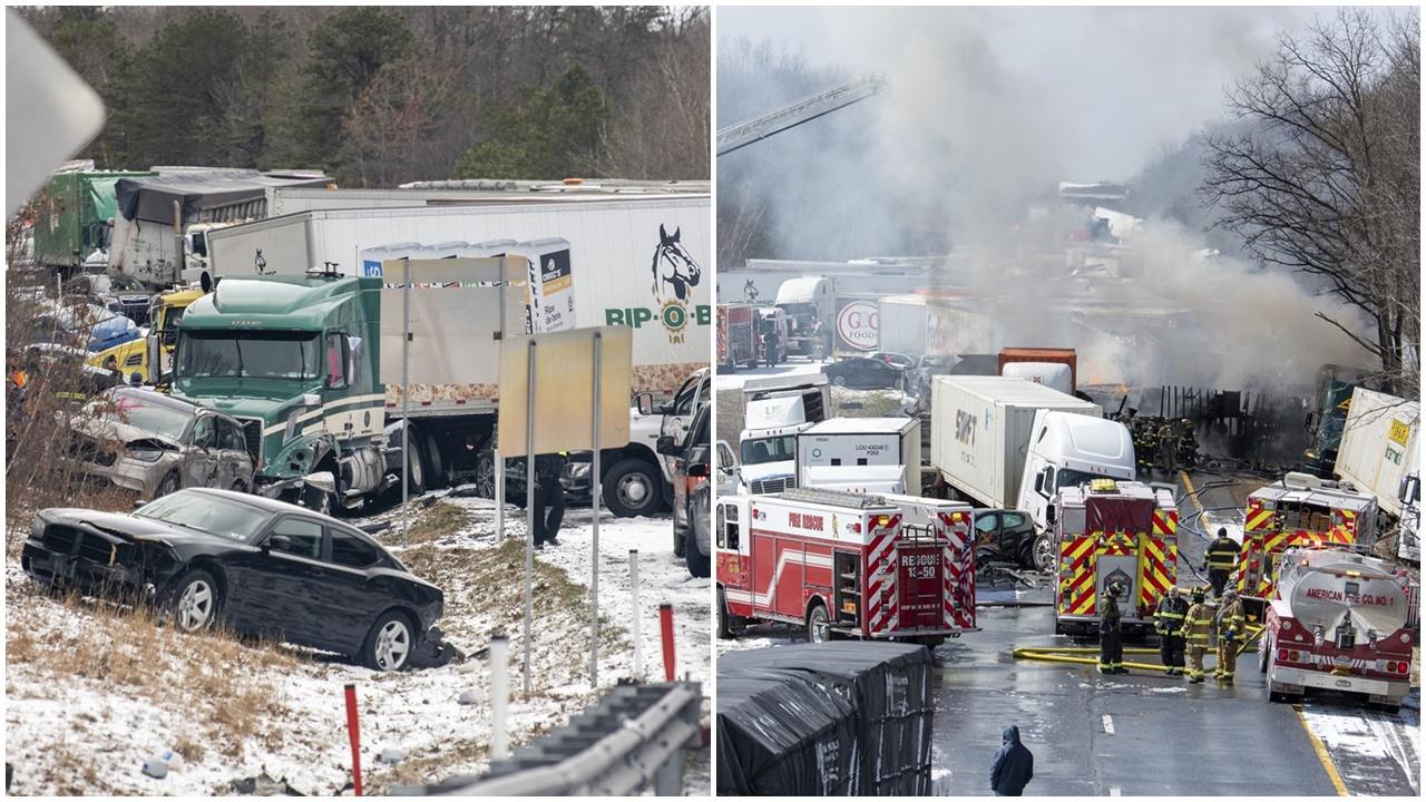 美國受暴風雪侵襲的賓夕法尼亞州有逾50輛車連環相撞至少3死。(AP)