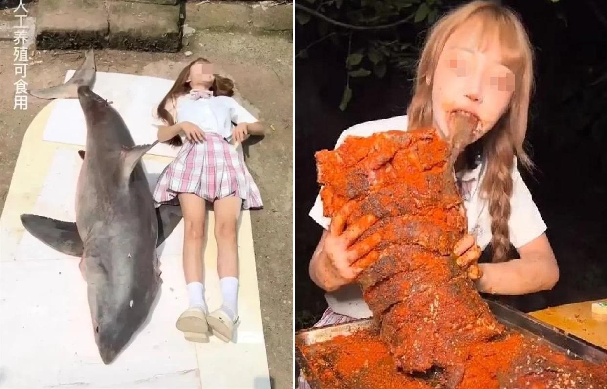 網紅「提子」烹調並大吃大白鯊。(互聯網)