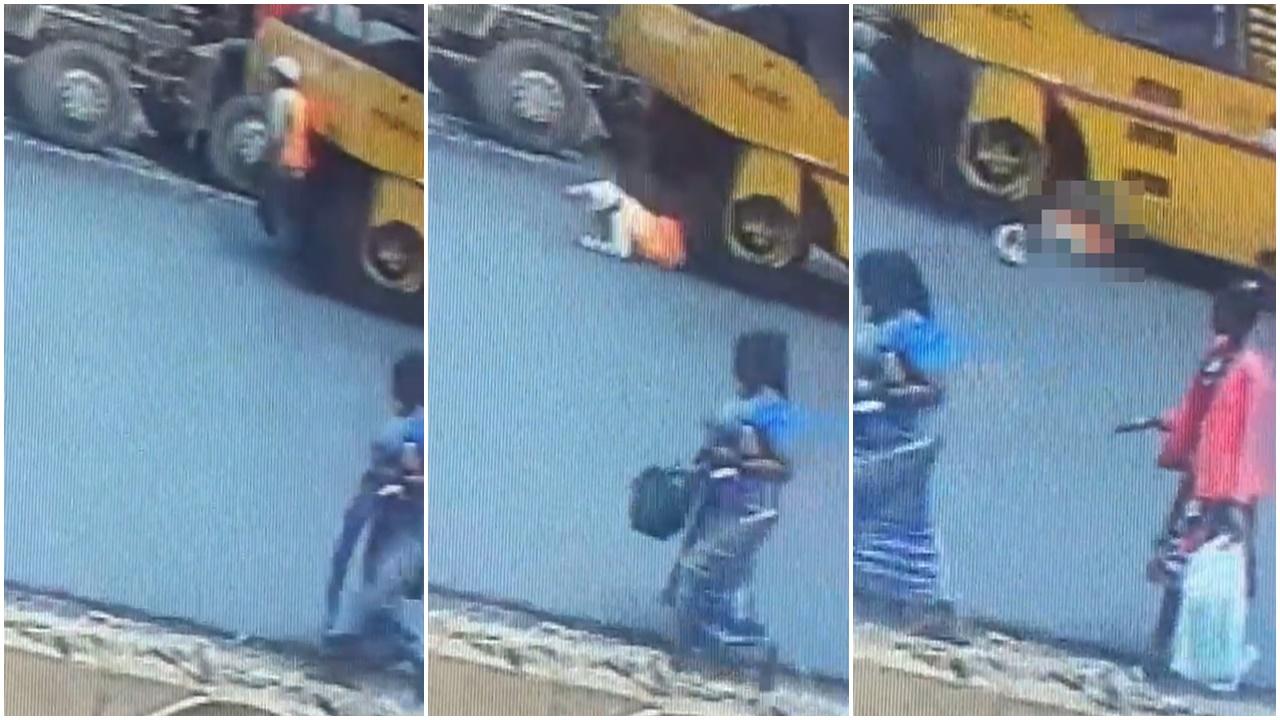 修路工人遭壓路機來回輾過爆頭，嚇到目擊者逃跑。(Twitter)