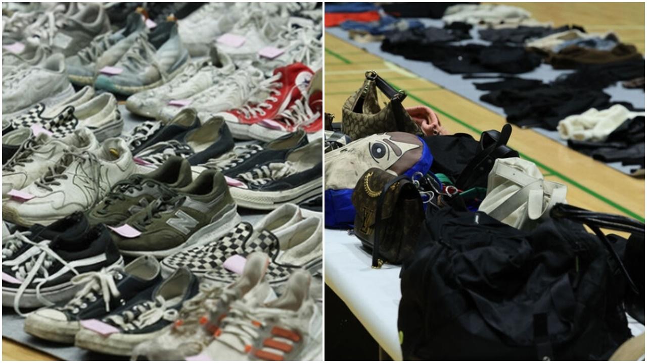 梨泰院人踩人慘劇痕跡，66對鞋多個手袋外套1.5噸失物待認領。(網上圖片)