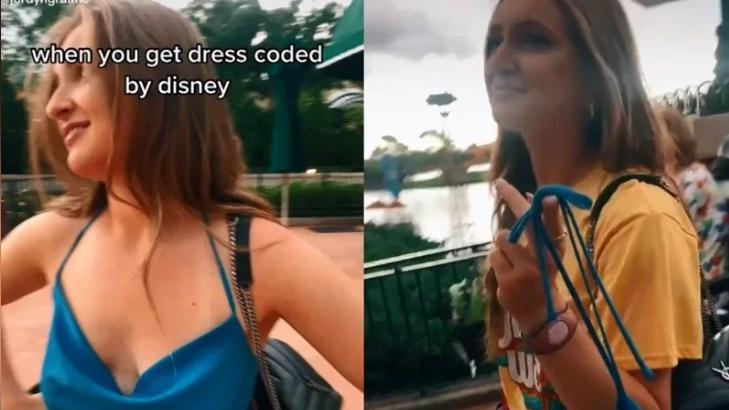 Jordyn因穿著暴露(左)，被迪士尼員工要求換上T恤(右)。(互聯網)