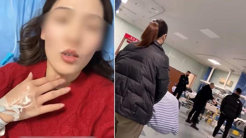 女子洗胃後拍片自述事發經過，並指現場幾張床位躺著的都是一起誤喝清潔劑的家人。(互聯網)