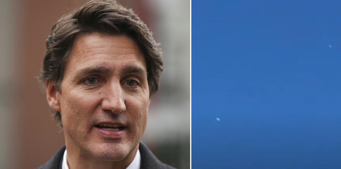 加拿大總理杜魯多(左)下令擊落飛行物，右為網上片段顯示空中的不明飛行物。(互聯網)