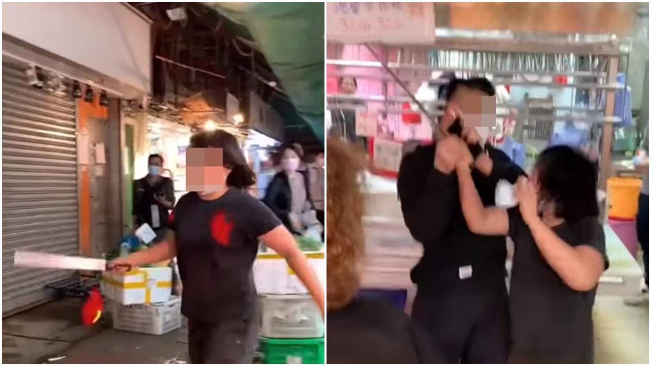 觀塘4男女混戰，菜檔阿姐擸疑似長刀施襲。(FB)