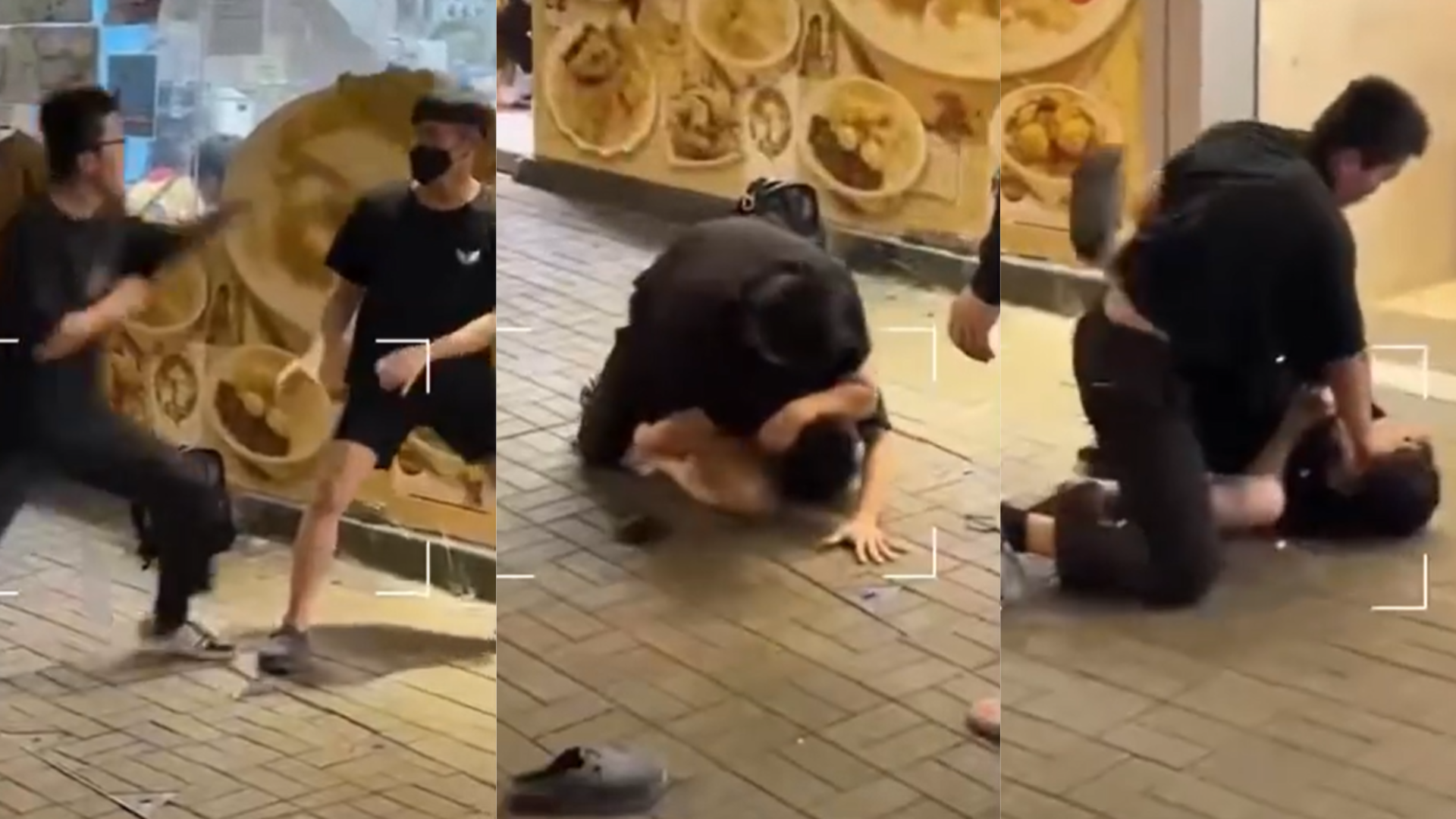 街頭MMA打到甩鞋，賣仔不甘被斥「食物鏈最底層」大打口罩男。(FB香港突發事故報料區)