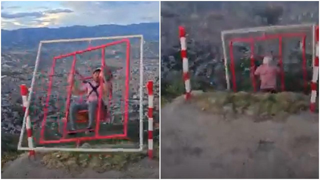 秘魯男崖邊玩「多軸椅」突解體，連人帶椅碌落山。(Twitter)