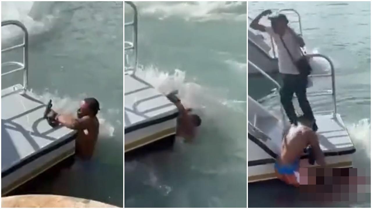 遊客船尾游上船，慘遭螺旋槳斬斷腳。(Twitter)