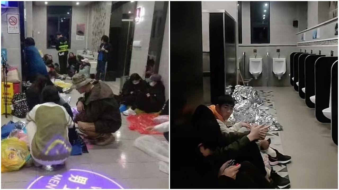 五一無訂房，黃山內地遊客集體瞓公廁引熱議。(微博)