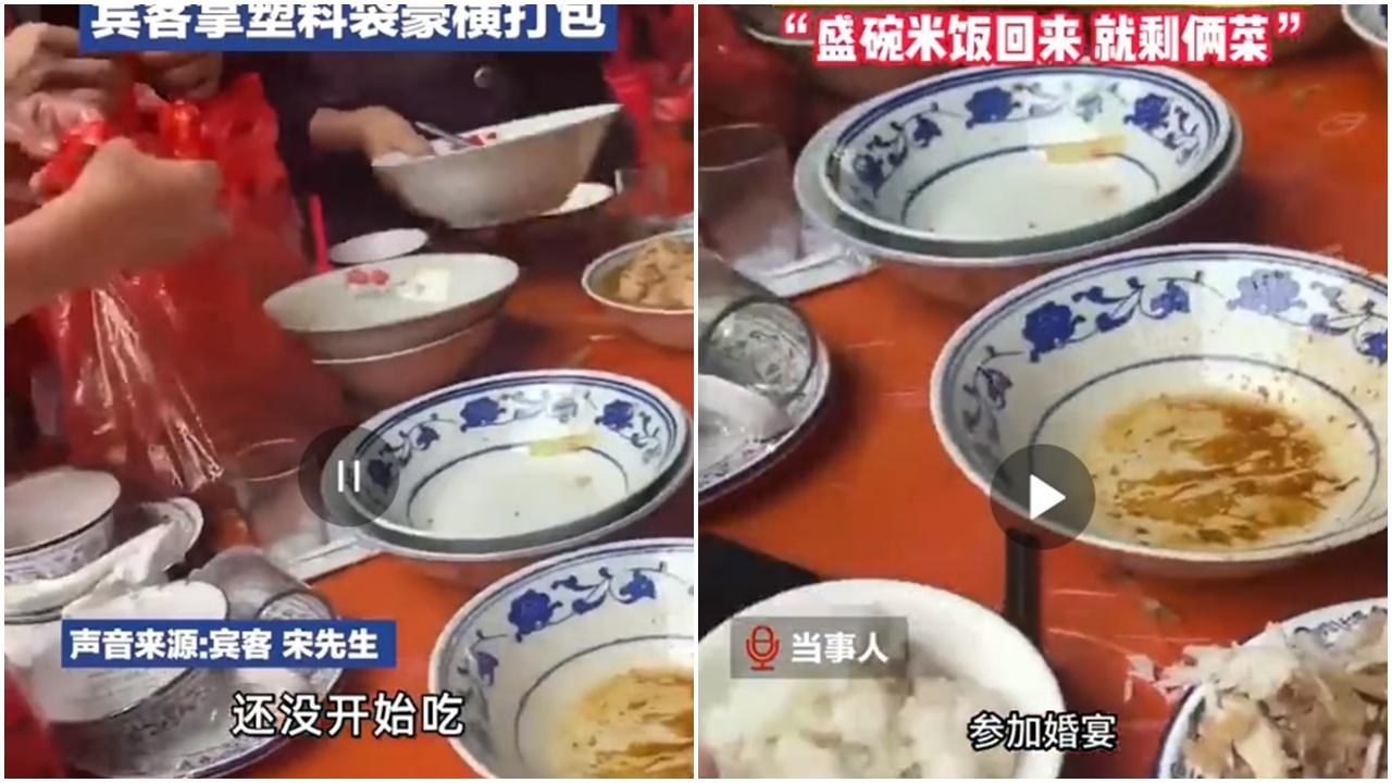 喜宴未開席餸菜已清空，大媽打包團惹網民怒轟。(微博)