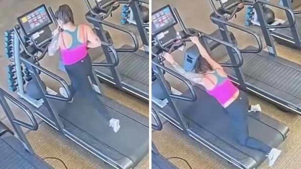 艾莉莎玩跑步機時出意外，向前跌時已立即伸手抓住扶桿。(互聯網)