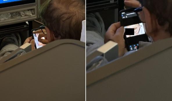 女乘客貼出男子用手機看色情片的照片。(互聯網)