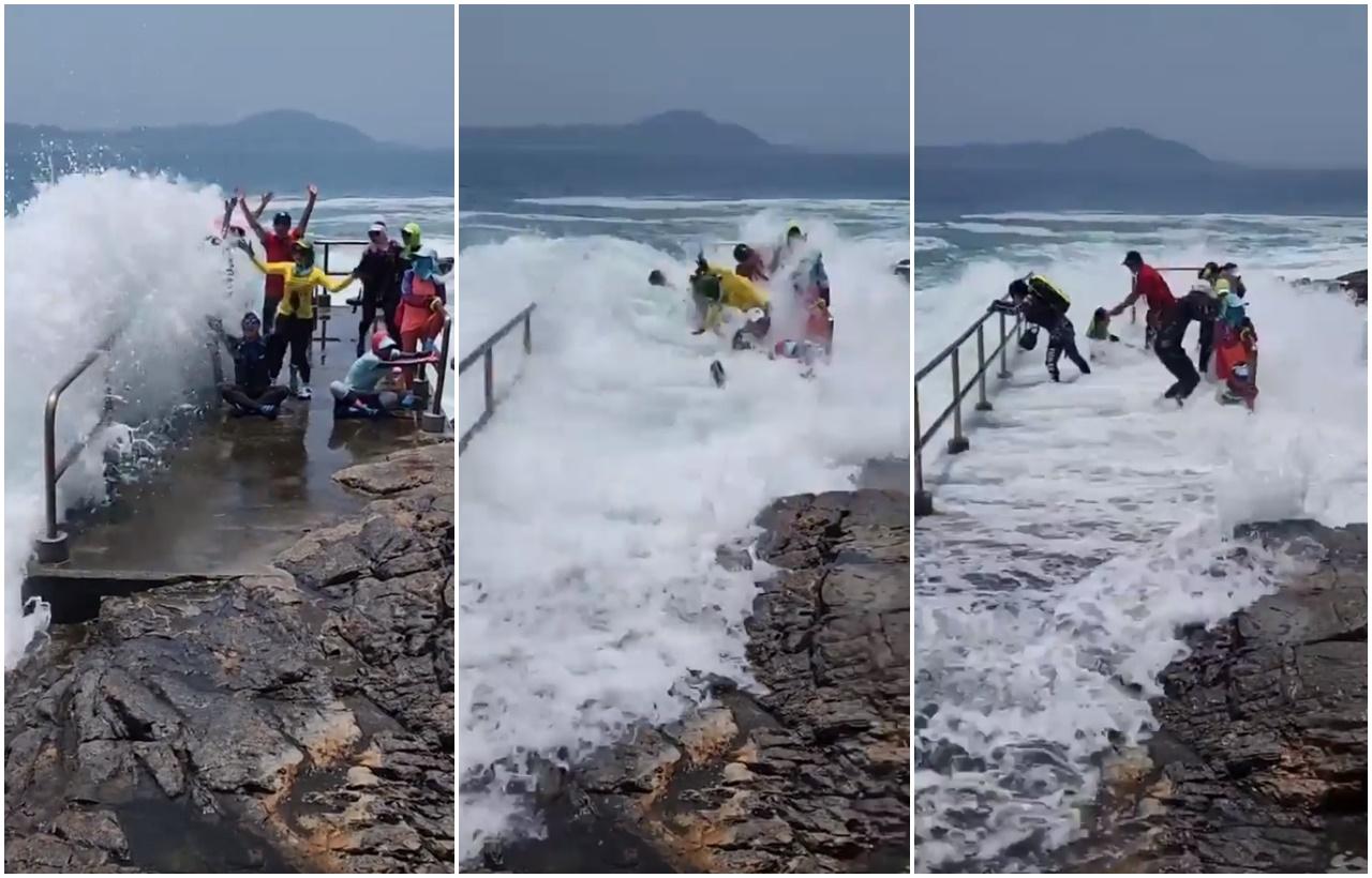 鴨脷排43歲女行山客被大浪沖落海不治，網上流出疑似當時片段。(網片截圖)