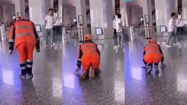 整污糟客人衣服要賠，女清潔工連番下跪道歉，內地網民：道德綁架。(微博)