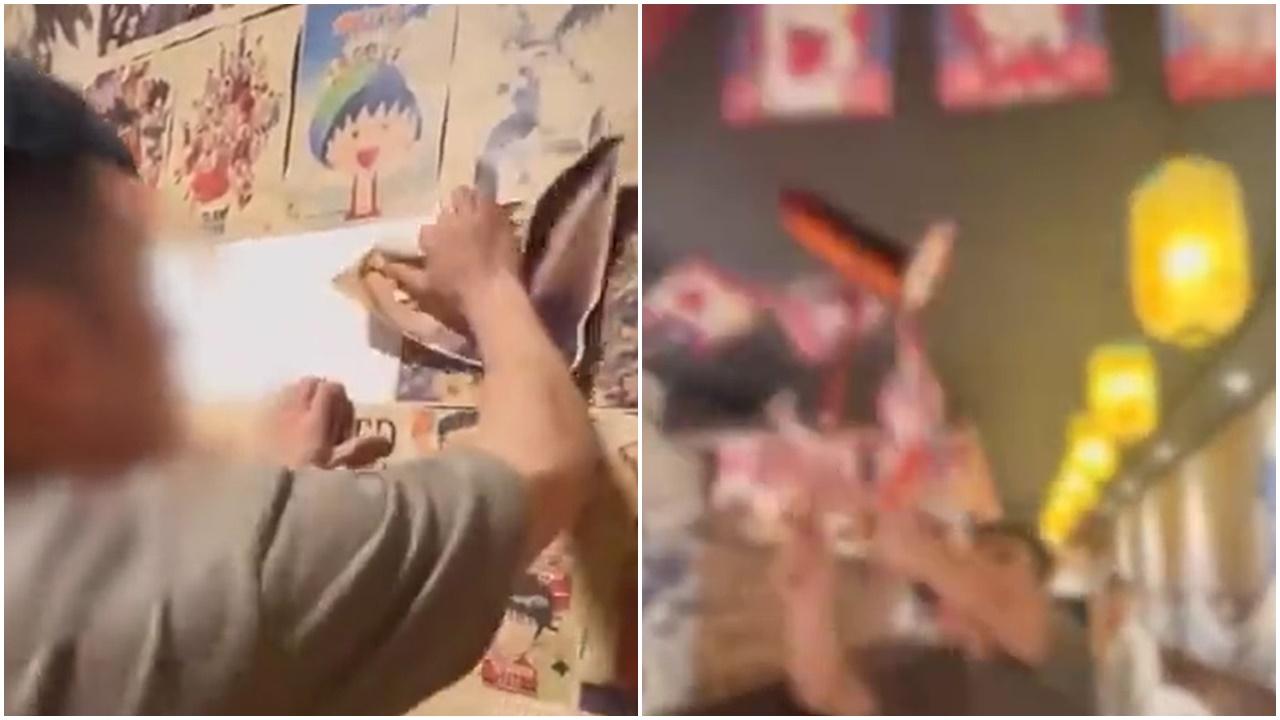 貴州日餐館老闆不滿排核廢水自拆招牌，內地網民嘲：表演型人格。(微博)