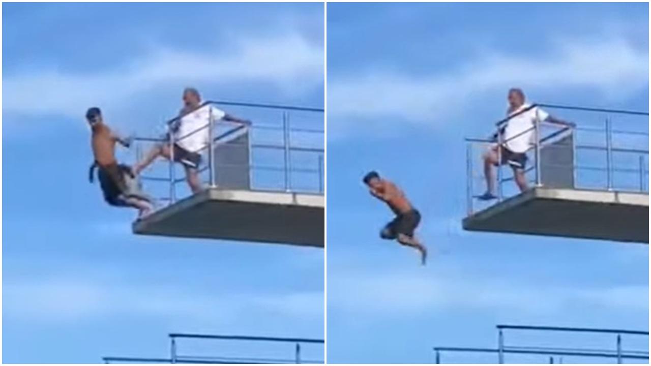 奧地利男唔敢跳10米高台，救生員竟從後伸一腳。(YouTube)