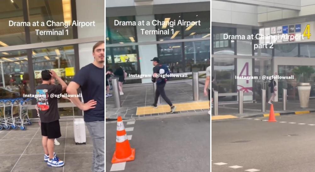 左至右：女子拖喼問罪，黑T男「搲頭」，女子拉扯，衝突後直奔航廈。(互聯網)