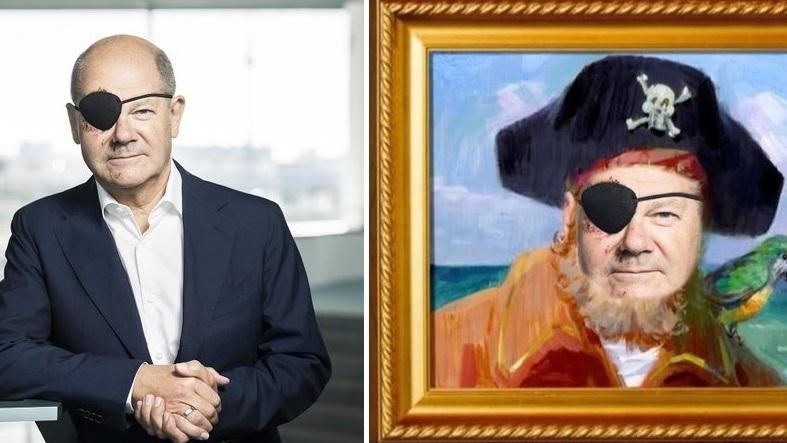 朔爾茨受傷後上傳戴眼罩照，被網民製成迷因。(互聯網)