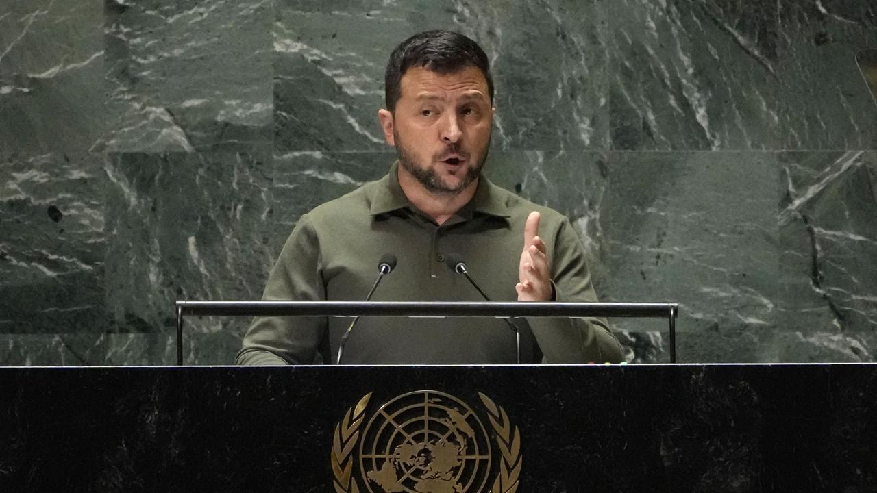 澤連斯基在聯大上形容俄羅斯邪惡不可信，問普里戈津就知。(AP)