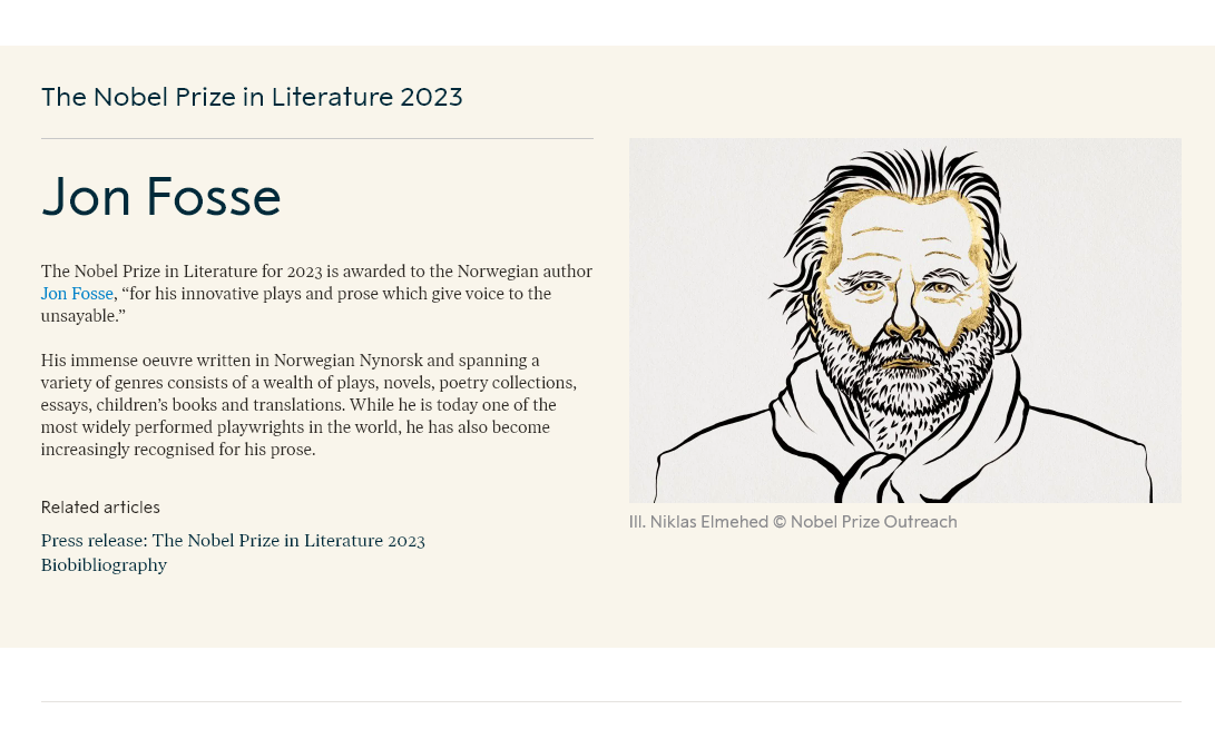 挪威作家Jon Fosse獲諾貝爾文學獎。(互聯網)