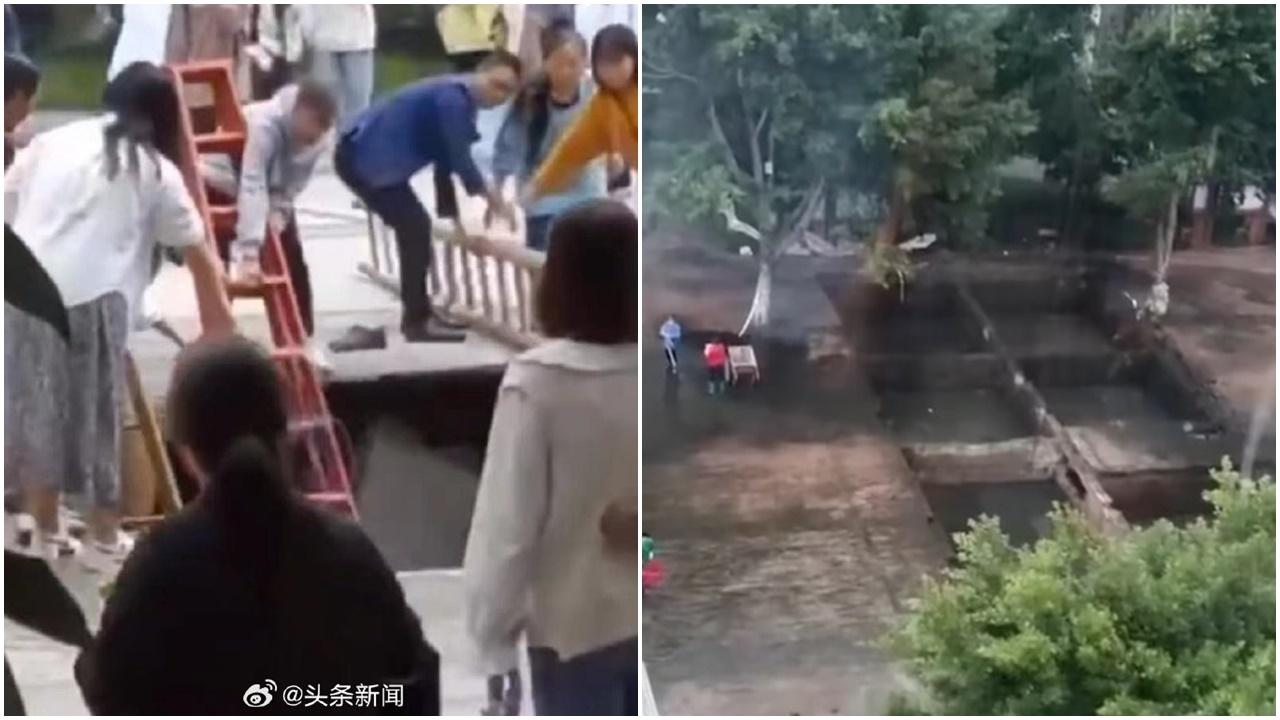 四川高中操場地陷15師生墮化糞池，校方：已供新衫新鞋。(微博)