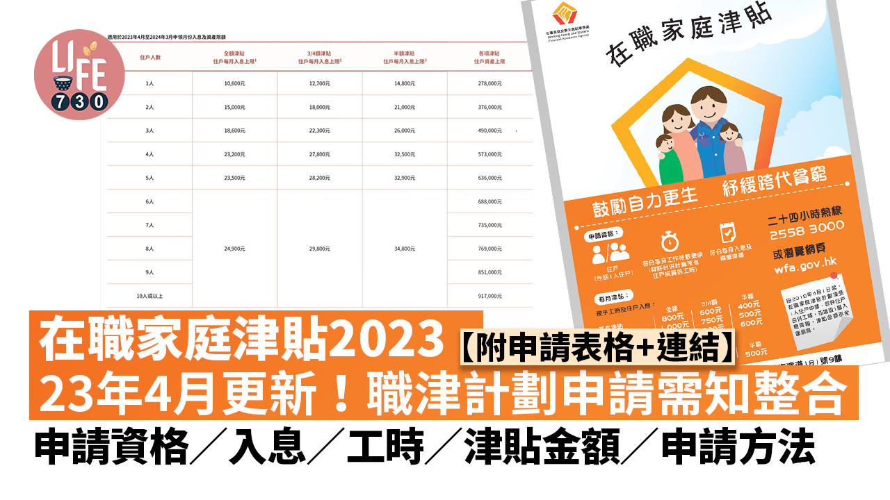 在職家庭津貼2023｜申請資格/資產/入息計算/工時/津貼金額/申請方法 職津計劃申請需知整合 【附申請表格+連結】（am730製圖）