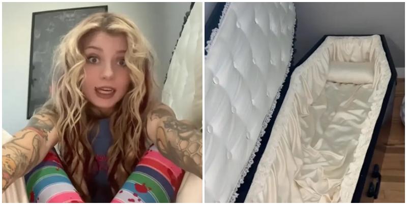 美國女網紅「悲傷辣妹」（Sad Spice）分享自己的閨房，竟然有一座棺材，她聲稱平常都「瞓棺材」以逃避問題。（影片截圖）