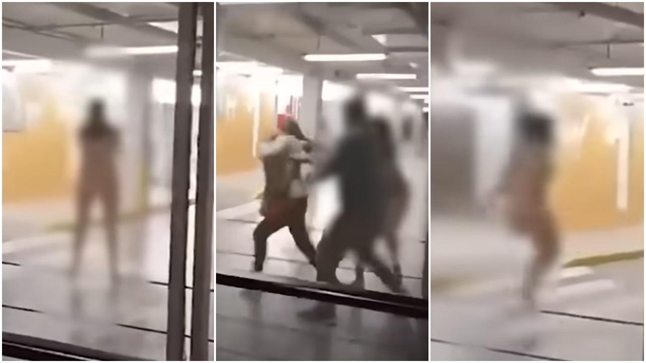 智利裸女大鬧機場，騎呢跳彈飛撲旅客。(YouTube)