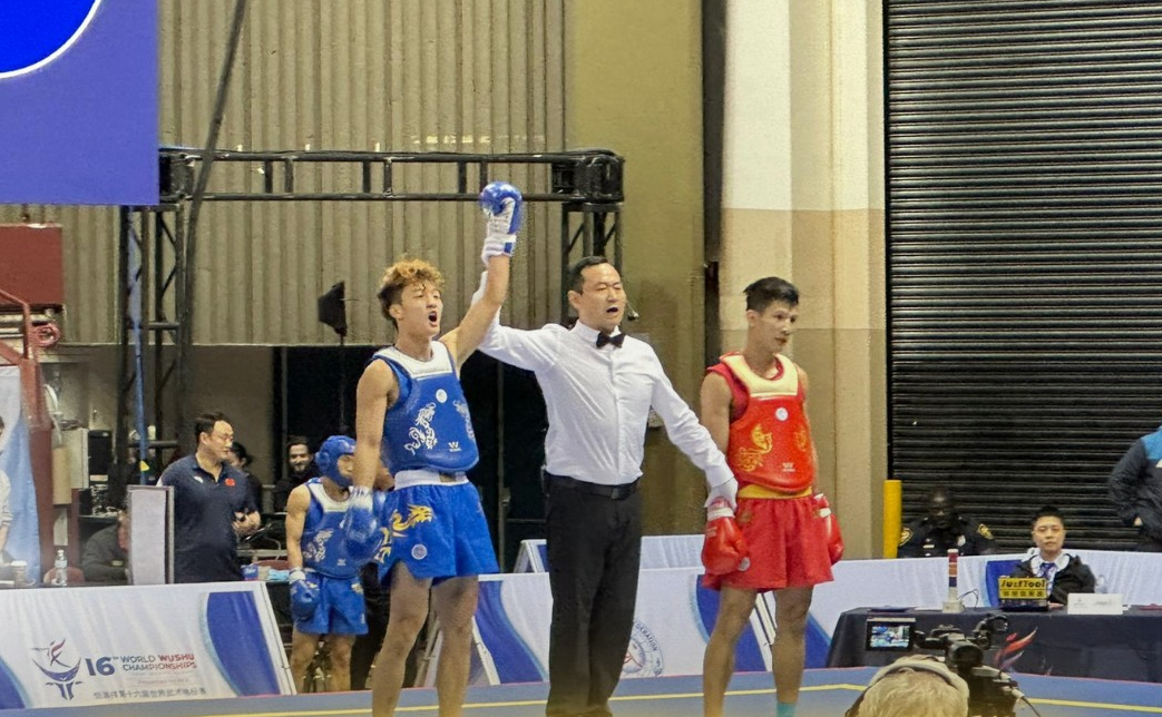 在美國得州舉行的武術世錦賽煞科，梁宇航在男子散打60公斤級奪冠，成為港隊首名散打世界冠軍。（中國香港武術聯會圖片）