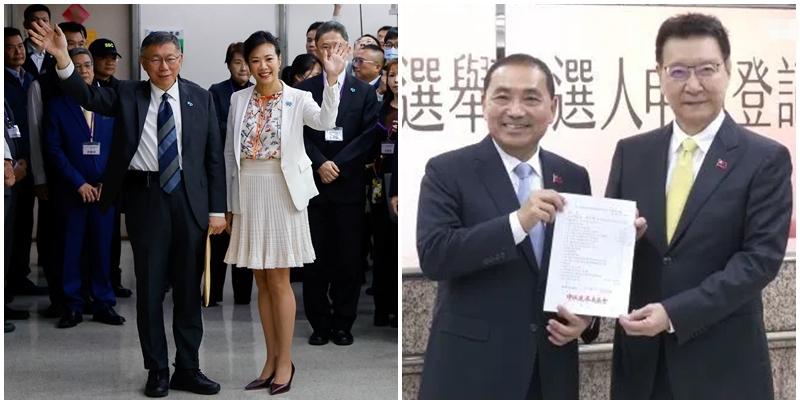 (左)民眾黨參選人柯文哲偕副手吳欣盈登記參選，(右)國民黨參選人侯友宜的副手是中廣董事長趙少康