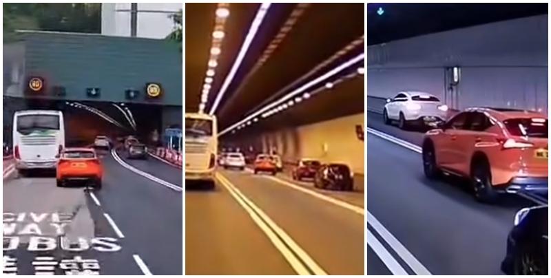 一輛橙色私家車沿青沙公路往九龍方向行駛，加速進入尖山隧道時由慢線越過雙白線，連切兩線至快線行駛，直撞前方另一輛白色私家車車尾。(fb交通意外求片區  )