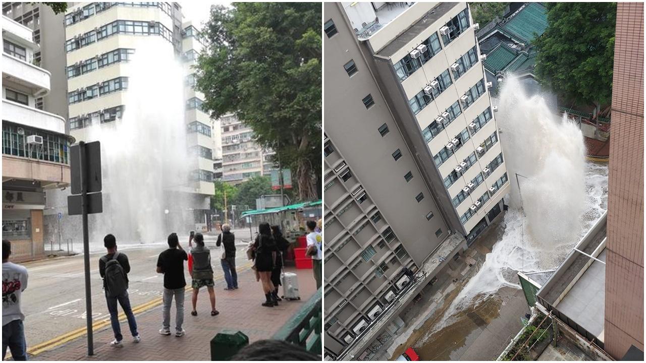 油麻地眾坊街爆鹹水管，一度驚見5層樓高「噴泉」。(香港交通及突發事故報料區@FB)
