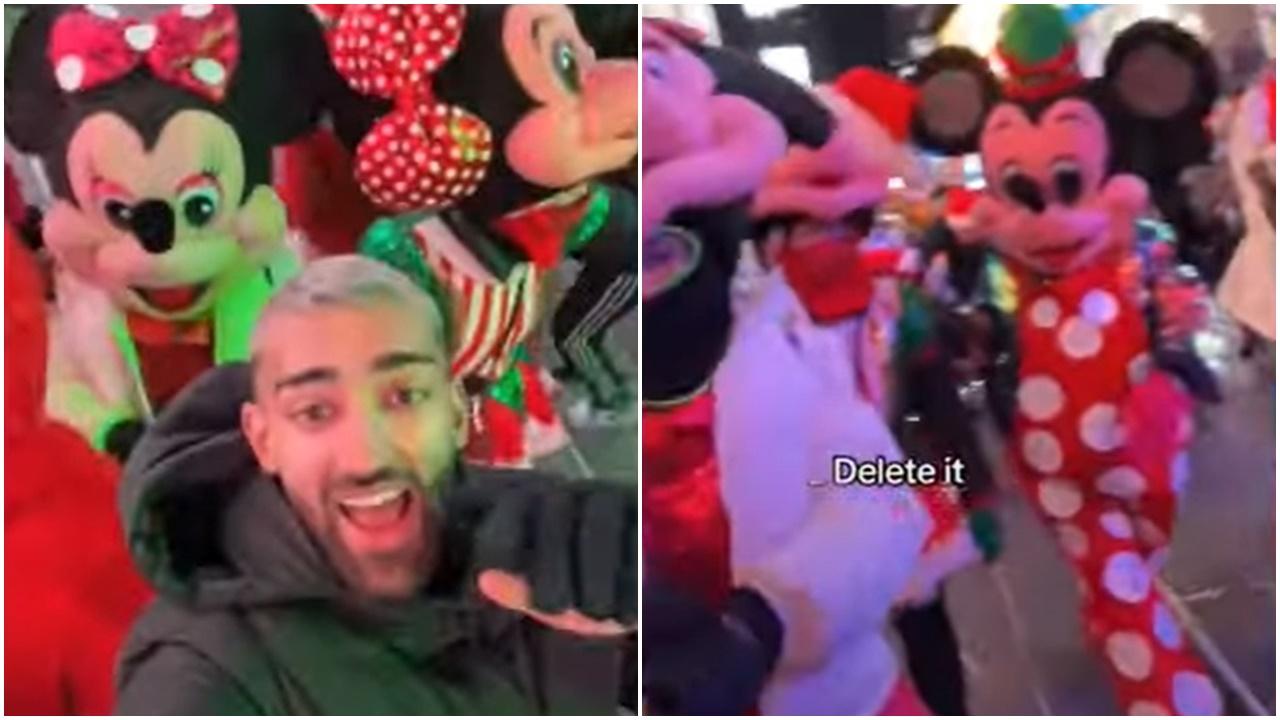 與米奇合照無錢比遭纏住逼刪相，網紅揭紐約時代廣場有呃錢黨。