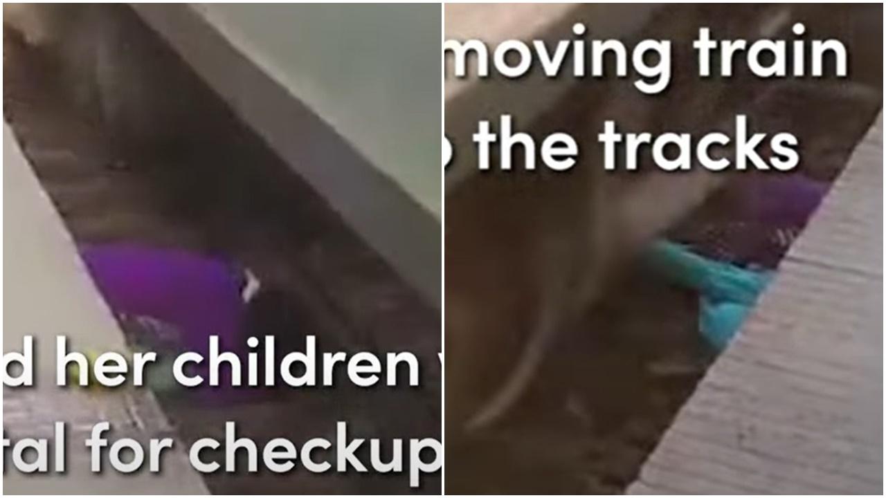 與2子被推落路軌，火車駛至母親以肉身護兒。(YouTube)