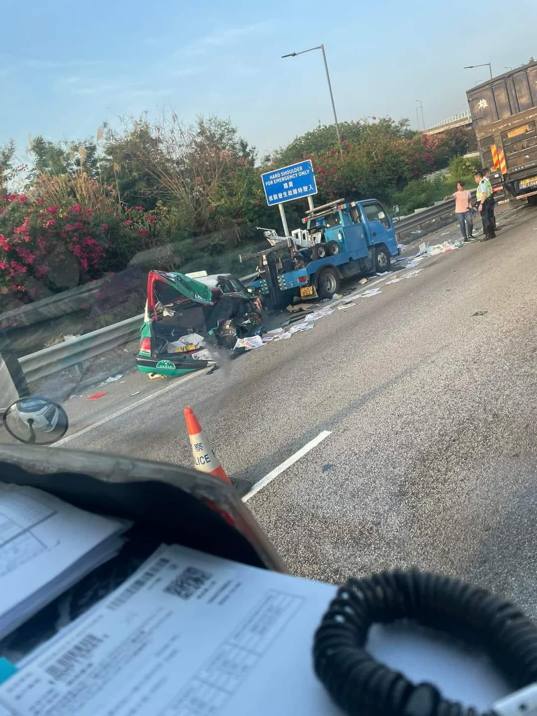 元朗公路新界的士路肩換胎　遭貨車猛撼女司機重創