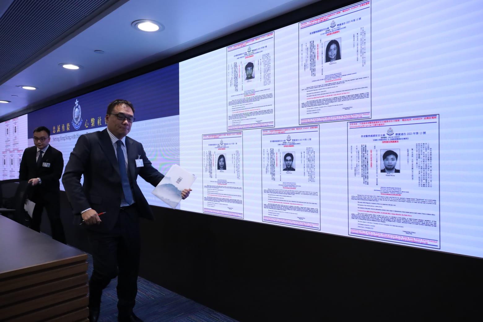 警方國安處通緝5名身處海外涉嫌違反《港區國安法》人士，分別是鄭文傑、許穎婷、邵嵐、霍嘉誌和蔡明達。(鍾式明攝)