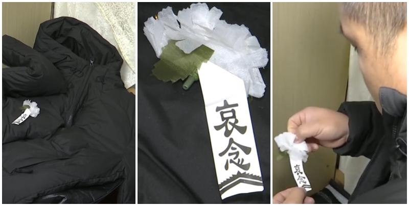 佛山一名男子花費718元人民幣網購一件黑色羽絨服，收到貨後竟在口袋發現白色喪葬胸花，衣服胸口處還疑有佩戴過的痕跡，與店家溝通協商後，對方同意退款退貨並賠償300元（約335港元）。（電視截圖）