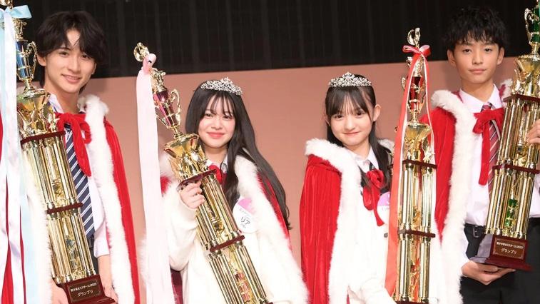 日本「最可愛高中生」及「最可愛初中生」選拔大賽，男女子組冠軍由左至右分別是，植野花道、米澤璃彩、澪、竹内琉斗。(互聯網)