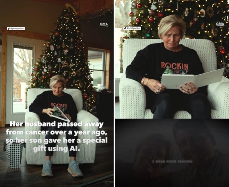 母親打開聖誕卡，聽到亡夫的聲音後感動落淚。(互聯網)