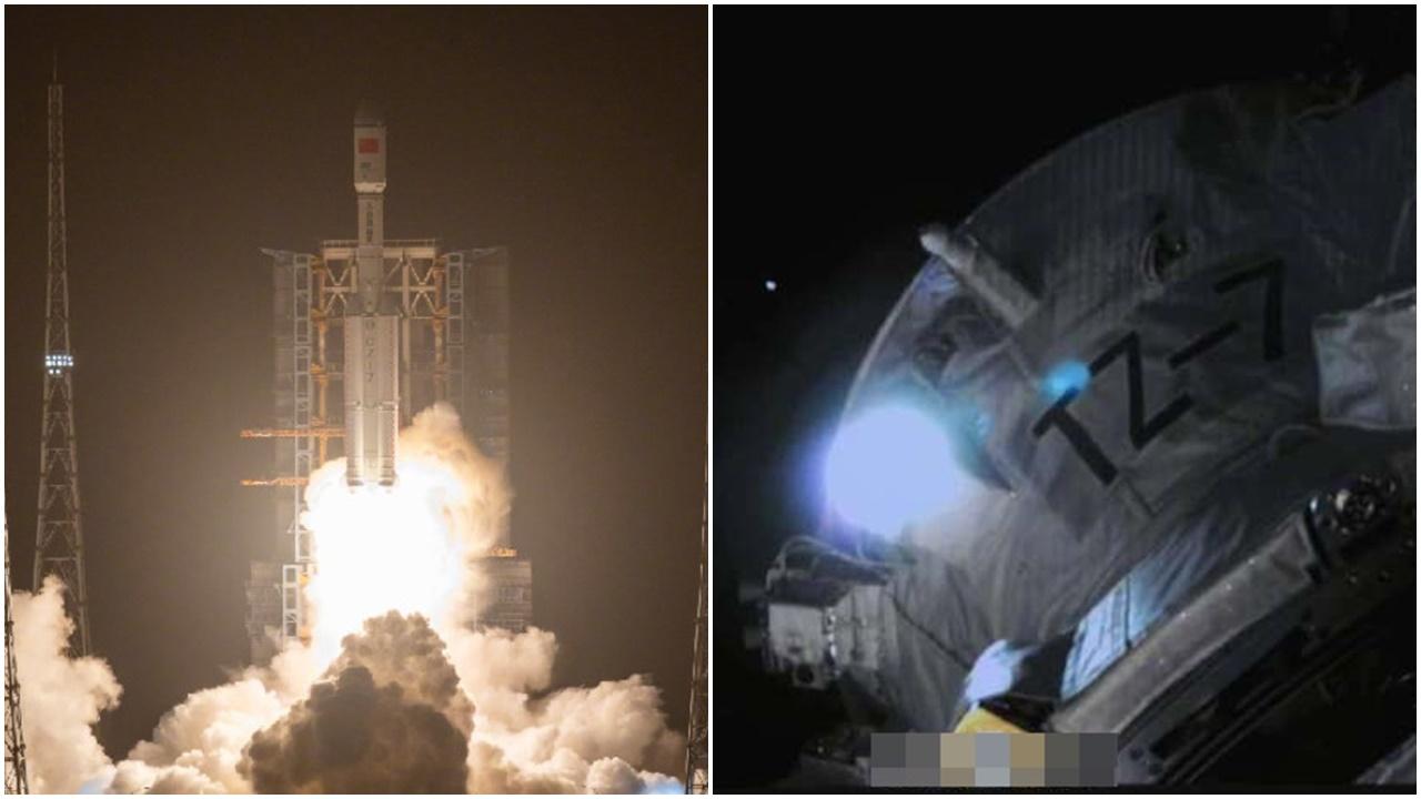 天舟七號貨運飛船與太空站組合體完成交會對接。(微博)