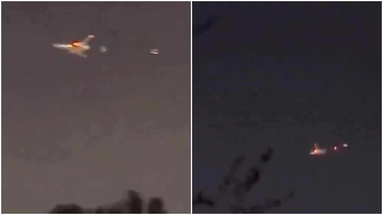 波音貨機引擎故障緊急折返，夜空中噴火畫面怵目嚇人。(X)